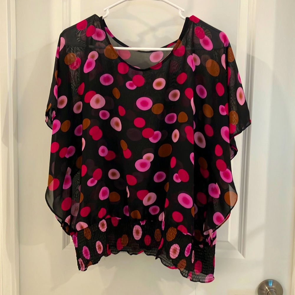 Black see through pink polka dots blouse